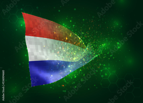 Netherlands, on vector 3d flag on green background with polygons and data numbers
