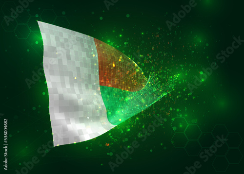 Madagascar, on vector 3d flag on green background with polygons and data numbers