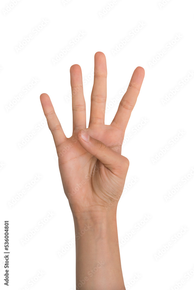 Hand forming the number four with its finger isolated on transparent background Hand forming the number four with its finger isolated on transparent background