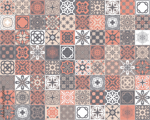 Traditional mediterranean ceramic porcelain tiles, pink gray pastel color, azulejo talavera spanish style, vector illustration