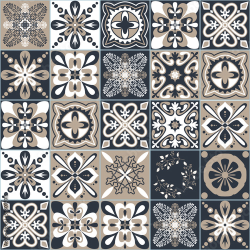 Azulejo talavera black beige white ceramic tiles majolica pattern, vector illustration, arabic traditional organic ornate background for design