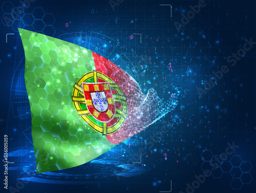 Portugal,  vector flag, virtual abstract 3D object from triangular polygons on a blue background