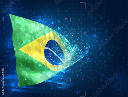 Brazil,  vector flag, virtual abstract 3D object from triangular polygons on a blue background