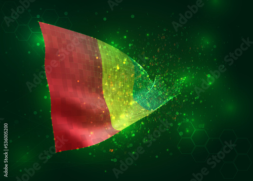 Guinea  on vector 3d flag on green background with polygons and data numbers