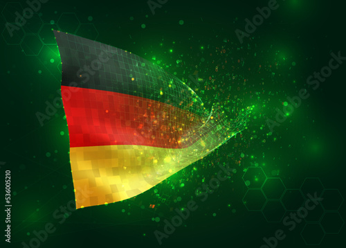 Germany  on vector 3d flag on green background with polygons and data numbers