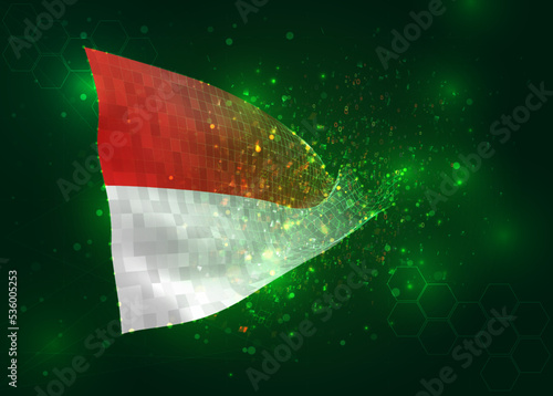 Indonesia, Monaco, on vector 3d flag on green background with polygons and data numbers