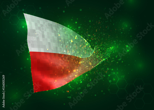 Poland  on vector 3d flag on green background with polygons and data numbers