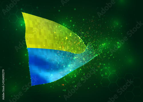 Ukraine, on vector 3d flag on green background with polygons and data numbers