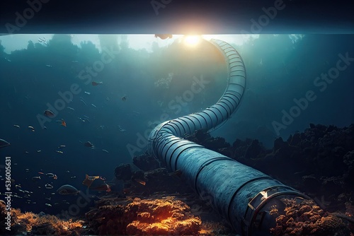 Blowing up underwater gas pipelines. Creating climate risks and polluting the sea through sabotage of war. 3D digital illustration.