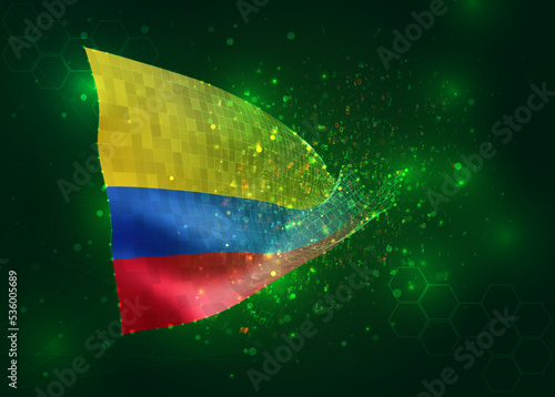 Colombia  on vector 3d flag on green background with polygons and data numbers