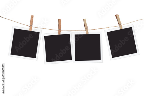Obraz na płótnie Four blank instant photo frames hanging on a rope, isolated on transparent background w salonie