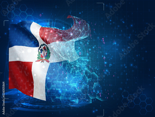 Dominican Republic,  vector flag, virtual abstract 3D object from triangular polygons on a blue background