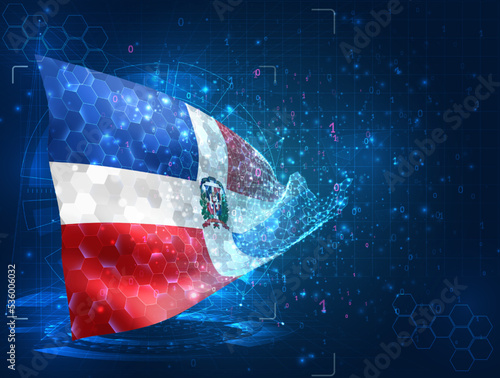Dominican Republic,  vector flag, virtual abstract 3D object from triangular polygons on a blue background