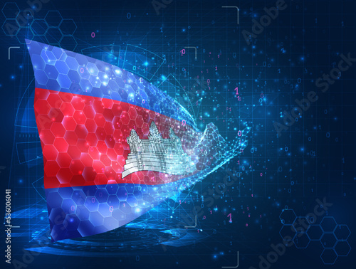 Cambodia,  vector flag, virtual abstract 3D object from triangular polygons on a blue background