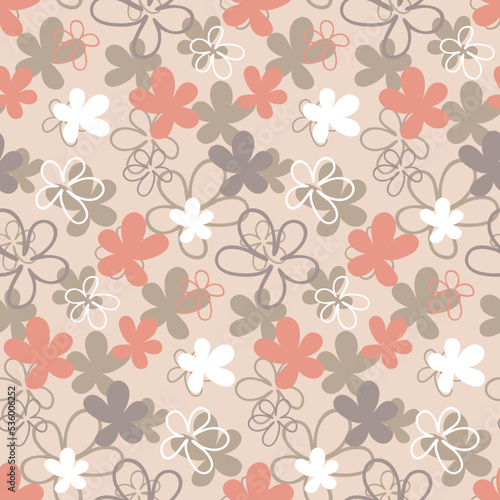 Floral floral seamless pattern pink white on gray pastel background, illustration with flower, heart and leaf