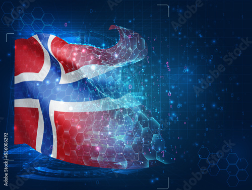 Norway,  vector flag, virtual abstract 3D object from triangular polygons on a blue background