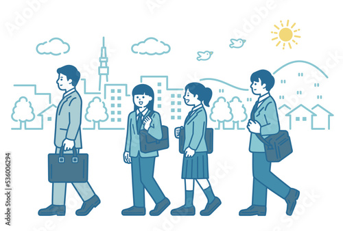 Men and women commuting to work or school