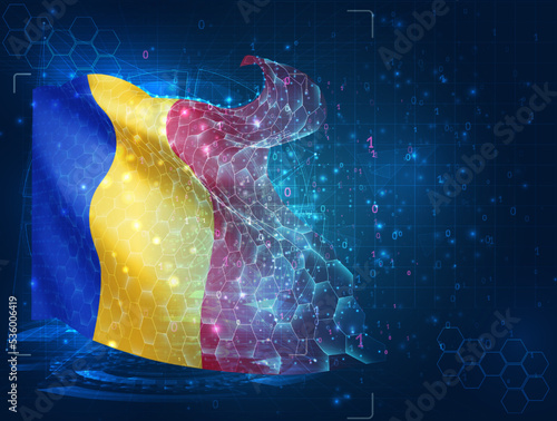 Romania,  vector flag, virtual abstract 3D object from triangular polygons on a blue background
