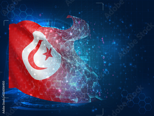 Tunisia,  vector flag, virtual abstract 3D object from triangular polygons on a blue background