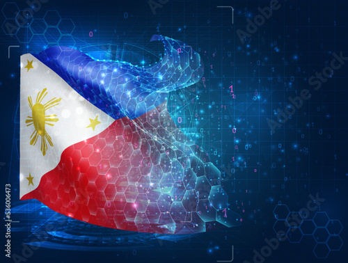 Philippines,  vector flag, virtual abstract 3D object from triangular polygons on a blue background