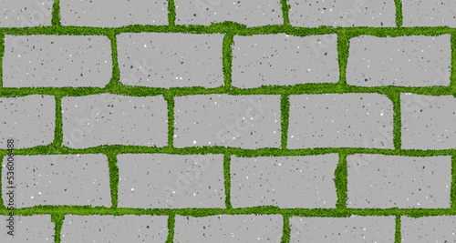 Seamless pattern of old pavement with moss and interlocking textured bricks. Vector pathway texture top view. Outdoor concrete slab sidewalk. Cobblestone footpath or patio. Concrete block floor
