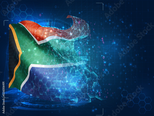 South Africa,  vector flag, virtual abstract 3D object from triangular polygons on a blue background