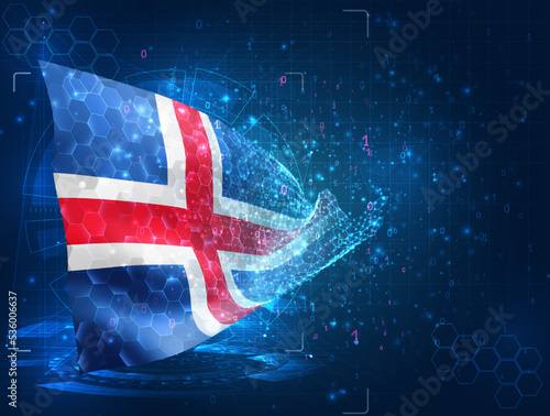 Iceland,  vector flag, virtual abstract 3D object from triangular polygons on a blue background
