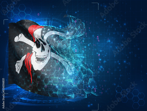 Pirate,  vector flag, virtual abstract 3D object from triangular polygons on a blue background
