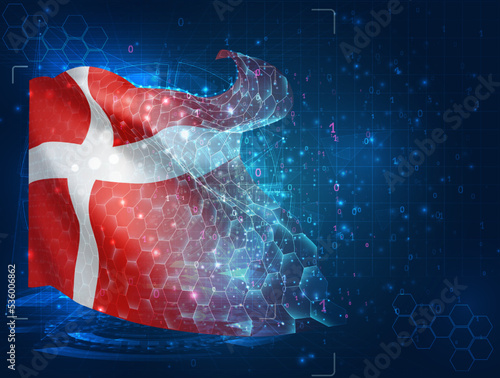 Denmark,  vector flag, virtual abstract 3D object from triangular polygons on a blue background