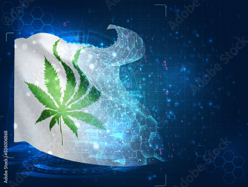 Сannabis,  vector flag, virtual abstract 3D object from triangular polygons on a blue background