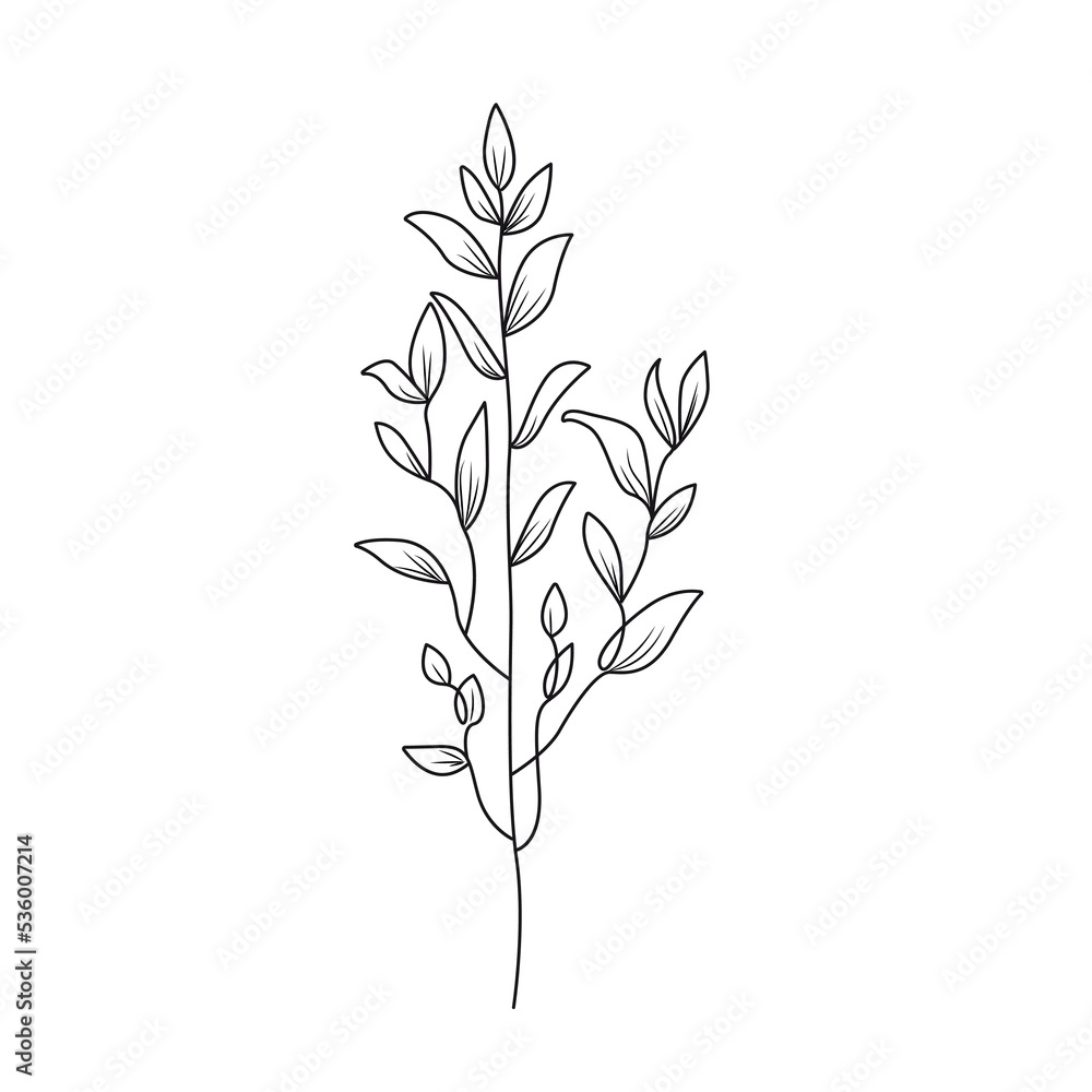 Leaves Line Art Vector Drawing for Prins, Social Media, Icons. Leaves Branch in Trendy Minimalist Style. Abstract Botanical Hand Drawn Doodle Template