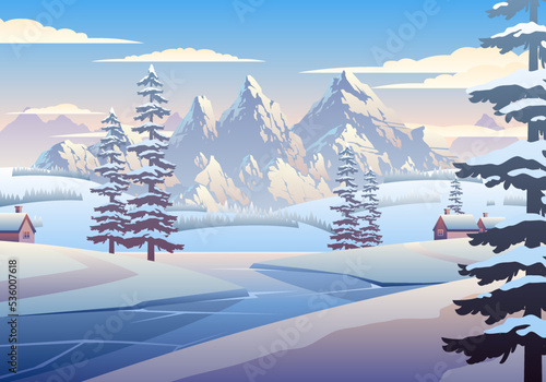 Winter Village And Mountains Landscape Illustration