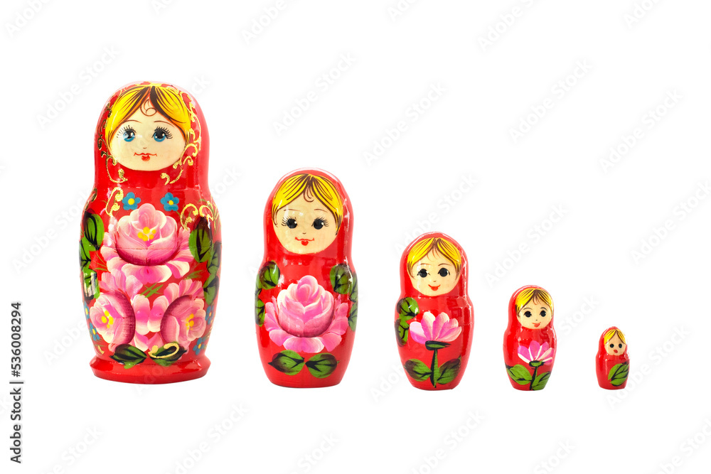 Set of five red matryoshka russian nesting dolls isolated on transparent background, russia women, motherhood and family concept, png file