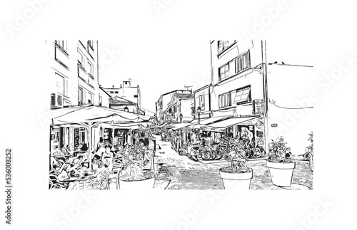 Building view with landmark of Palavas les Flots is the 
commune in France. Hand drawn sketch illustration in vector.