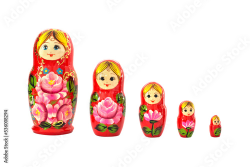Valokuvatapetti Set of five red matryoshka russian nesting dolls isolated on transparent backgro