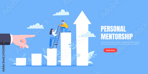 Business mentor helps to improve career and holding stairs steps vector illustration. Mentorship, upskills, climb help and self development strategy flat style design business concept.