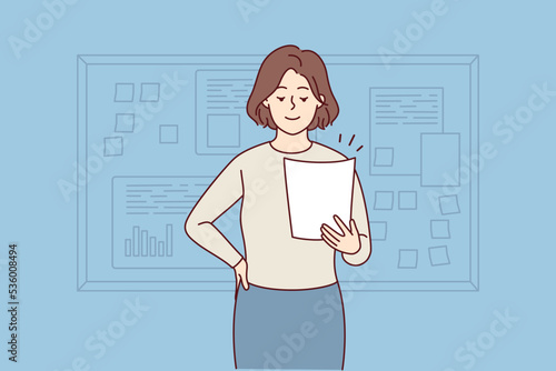 Smiling businesswoman holding paper work stand near board making presentation. Happy female boss present business project in office. Vector illustration. 