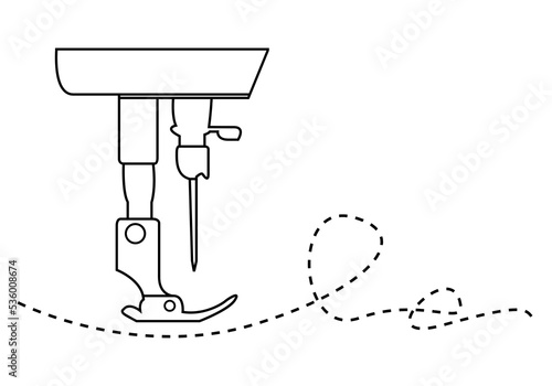 Black line industrial sewing machine needle steel presser foot for sew fabric cloth on white background outline hand drawing icon flat vector design.