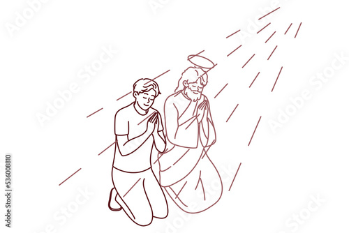 Religious young man kneel near Jesus Christ praying with hands together. Male believer pray for good life. Religion and faith. Vector illustration. 