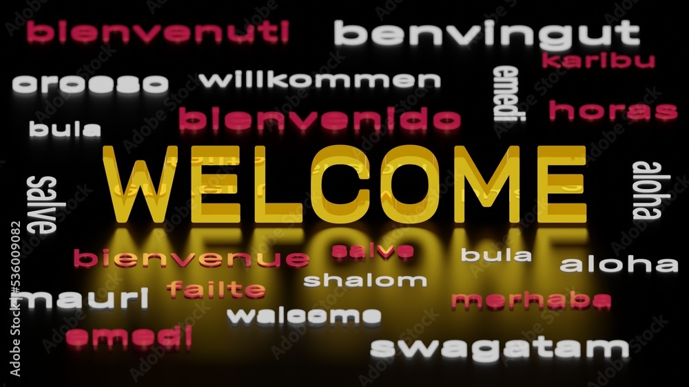 WELCOME word cloud in different languages, conceptual 3d illustration background WELCOME word cloud in different languages, conceptual 3d illustration background