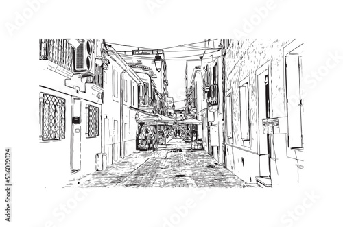 Building view with landmark of Palavas les Flots is the 
commune in France. Hand drawn sketch illustration in vector.