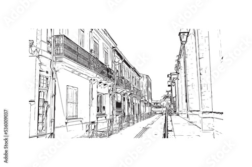 Building view with landmark of Palavas les Flots is the 
commune in France. Hand drawn sketch illustration in vector.