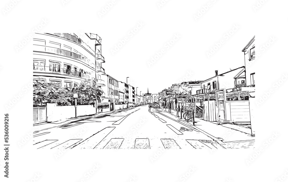 Building view with landmark of Palavas les Flots is the 
commune in France. Hand drawn sketch illustration in vector.