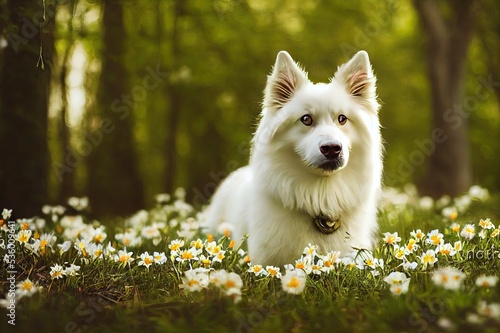 Adorable white dog sitting among beautiful blooming wood anemones in spring forest. Portrait of cute swiss shepherd young dog in spring woods. Hiking with pet