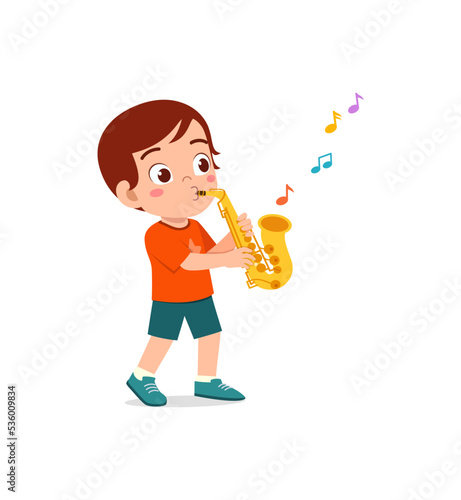 little kid play saxophone and feel happy