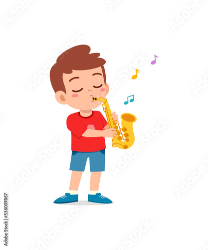 little kid play saxophone and feel happy