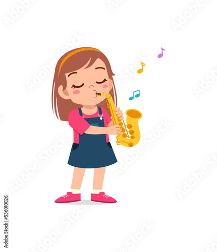 little kid play saxophone and feel happy