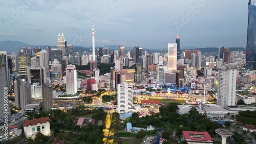 Drone shots of downtown Kuala Lumpur at sunset, Malaysia photo