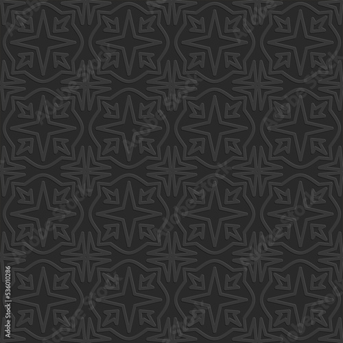 Perforated embossed seamless pattern on dark gray background, Arabic arabesque style in design, decorative art vector illustration