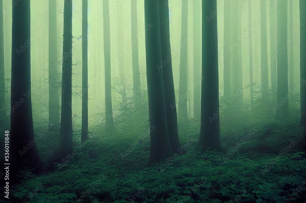 Obraz premium Panorama of the misty forest. Forest mist. Misty forest in fog. Deep forest in mist